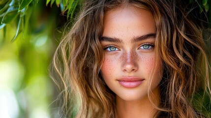 Fototapeta premium A beautiful woman with lovely eyes and flowing wavy hair