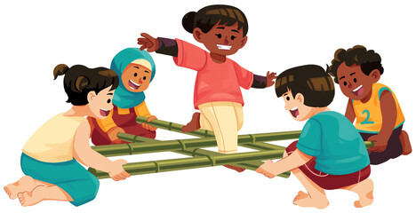 Diverse Children Playing Rangku Alu Traditional Game Illustration