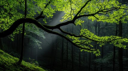 A beautiful vibrant forest scene showing dappled light through the trees