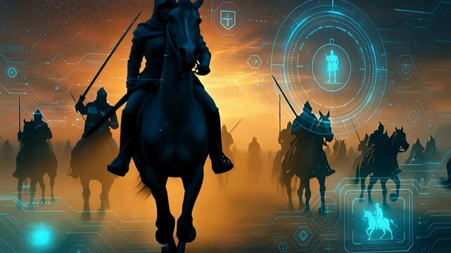 Futuristic Battle Scene with Armored Horse Riders and Holographic Interface Elements in Sci-Fi Medieval War Ambience

