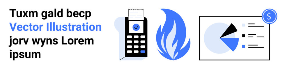 Calculator with printed receipt, blue flame symbol, and pie chart showcasing data and currency. Ideal for finance, analytics, budgeting, economics, risk management, reports simple landing page