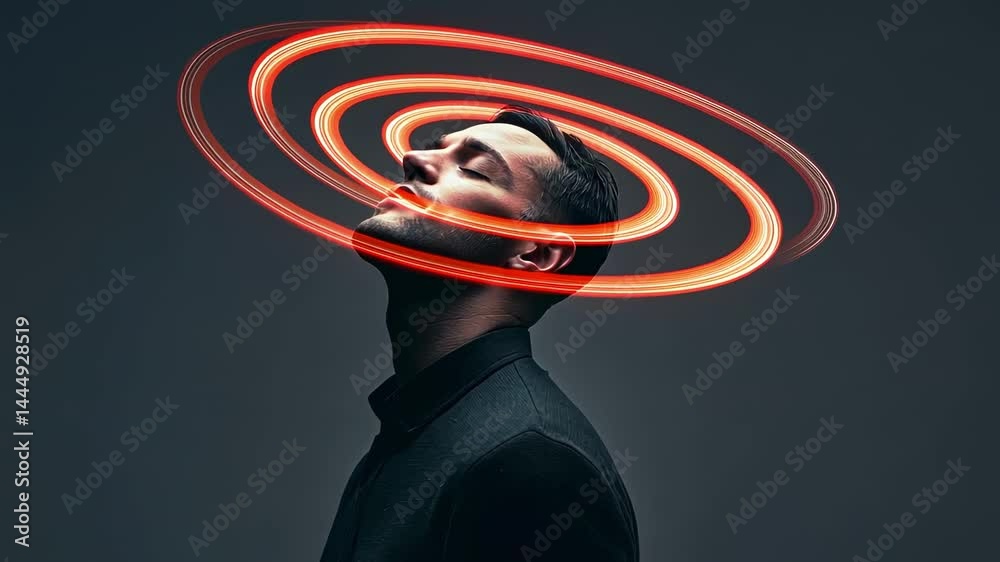 Poster rotating red neon lights hover over the head of a businessman with closed eyes and head tilted back 