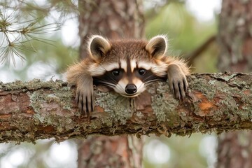 Adorable young raccoon resting on a tree branch, looking directly at the camera