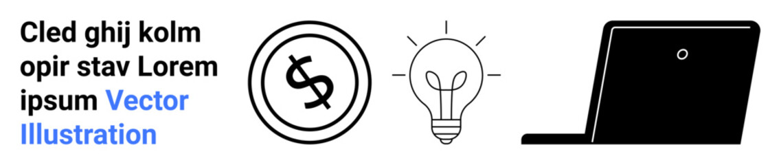 Dollar coin, light bulb with radiant lines, and laptop outline symbolizing financial growth, innovation, creativity, remote work, education, digital tools communication. Ideal for tech solutions