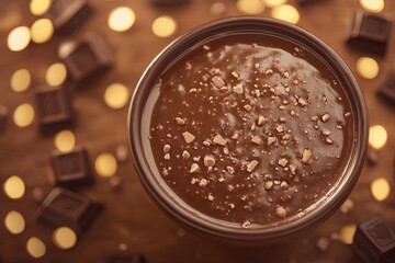 Chocolate pudding in a bowl, topped with chocolate pieces, surrounded by chocolate chunks
