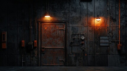 A rusty metal door illuminated by warm glowing lights
