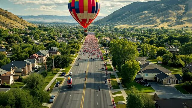 Hot air balloon soaring over festive neighborhood parade in Pro at sunset, Flying high over parade on neighborhood road in Provo, Utah
