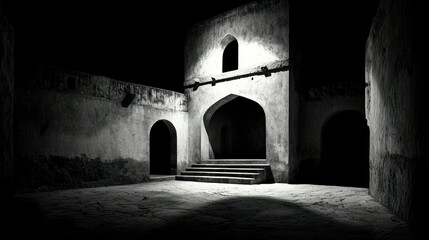 Fototapeta premium An architectural interior featuring arched doorways with steps and dim light