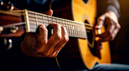 Fototapeta premium Extreme close-up of the expert hands of a guitarist as he plays a beautiful wooden acoustic guitar. String instrument concept. Generative Ai.