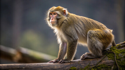 Alert Monkey Sitting on Log in Forest Setting Looking Away