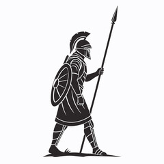 Fototapeta premium Silhouette of Greek Warrior Marching with Spear and Shield | Ancient Black Design