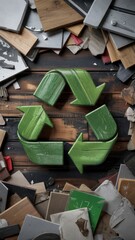 Green recycle symbol on wood with tools and debris in a construction scene