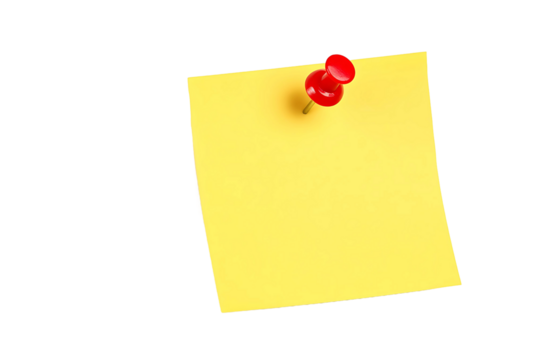 Yellow sticky note with red push pin transparent background
