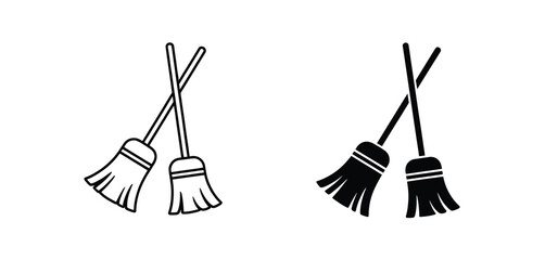 Two Brooms Crossed Simple Line and Solid Icon Set