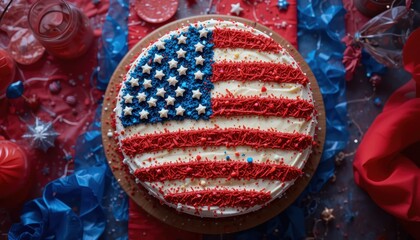 Patriotic American Flag themed cake decorated with red white and blue frosting and star shaped sprinkles for Fourth of July celebration or Independence Day party