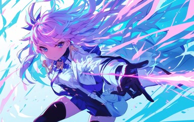 躍動感あふれる白髪の美少女キャラクター・アニメスタイルのファンタジーイラスト
