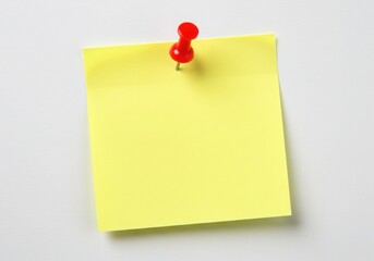 Yellow note with red pin isolated on white background
