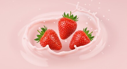 Three strawberries splashing in pink liquid