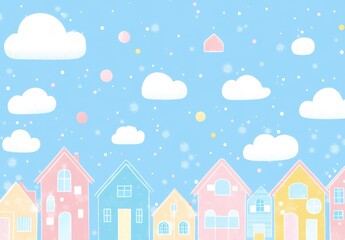 Pastel-colored houses, clouds, and snow.  A whimsical winter scene