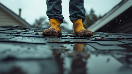 Person in Yellow Boots Standing on Wet Roof