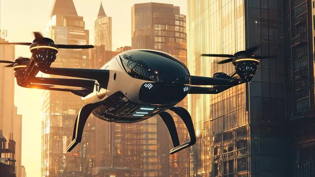 Modern eVTOL flying over a bustling urban skyline at sunset with tall buildings and golden light, Modern evtol in the city
