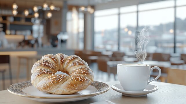 Breakfast still life: bagel and steaming coffee in cafe bagel coffee breakfast cafe table plate hot - Powered by Adobe
