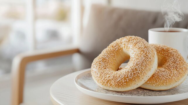 Sesame Seed Bagels with Steaming Coffee, Breakfast Still Life bagel sesame seeds breakfast coffee