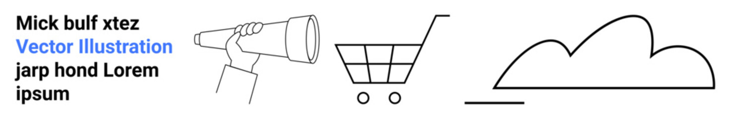 Hand with telescope for vision, shopping cart for commerce, and cloud representing technology. Ideal for innovation, e-commerce, future planning, strategy, technology, entrepreneurship simple