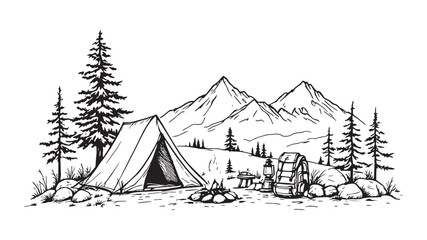 Forest Camping Illustration line art peaceful retreat under the stars © Ramjan