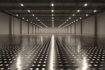 Obraz premium Empty exhibition hall with polished metal floor and rows of recessed lights A long, polished, perforated metal floor stretches to a vanishing point, reflecting the recessed lights evenly