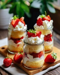 A fresh take on traditional strawberry shortcake, featured in compact glass jars with layered cream and fruit, shot in a domestic kitchen environment.