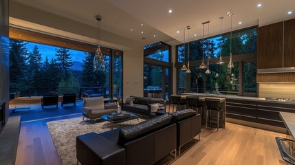 Luxurious modern home interior with open view of a forest