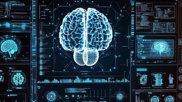 Digital brain neural network displayed on holographic screen with advanced analytics and data visualization, Digital brain neuro network on Holographic screen virtual hud elements, Futuristic User