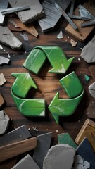 Recycle icon on dark wood with scattered concrete rubble and textured grain