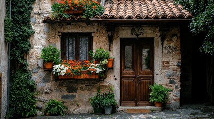 A charming stone building with wooden door and colorful floral arrangements