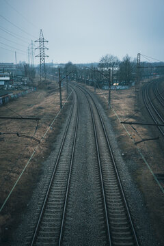 Top View of Parallel Train Tracks Curving to the Left