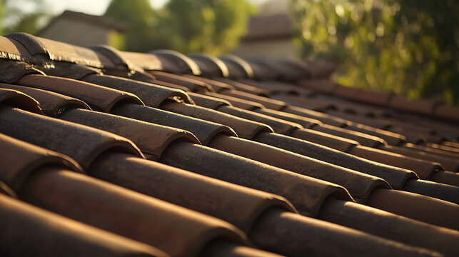 Close-up of terracotta roof tiles bathed in golden sunlight
