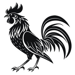 Black and White Rooster with Detailed Feathers and Ornamental Style