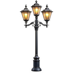 Black 2-arm post street light graphic in modern lighting fixture style with decor and lantern elements