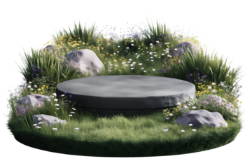 Transparent  available  Grass field rocky with flower podium flowers grass wildflowers.isolated on white background PNG