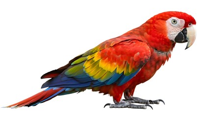 Fototapeta premium Vibrant Scarlet Macaw (Ara macao) standing alertly in profile, showcasing its stunningly colorful plumage of bright red, yellow, and blue feathers. 