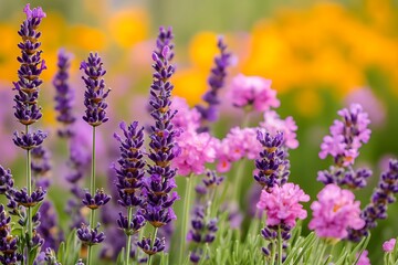 Serene Lavender Blossoms in a Vibrant Garden Soft Focus Purple and Pink Hues Natural Light