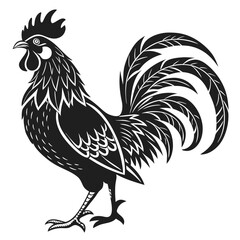 Rooster Silhouette, Black and White Illustration, Standing Bird, Farm Animal, Poultry Design