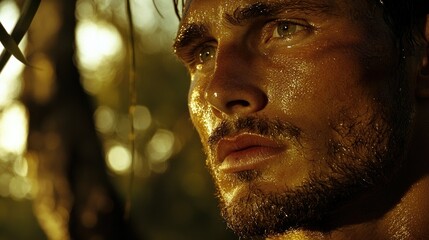 A portrait of a sweaty man in outdoor natural light
