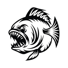 Angry Piranha with Open Mouth and Sharp Teeth, Black and White Fish Silhouette Style
