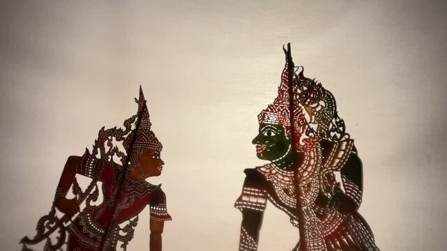 Thai shadow puppet show (Nang Yai) with characters from the Ramakien.
