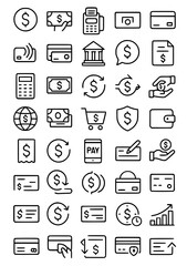 Fototapeta premium Financial Transactions Icons.finance, money, transaction, dollar, cash, POS, card, contactless, bank, chat, document, calculator, exchange, transfer, payment, globe, shopping cart, shield, wallet, rec
