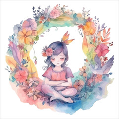 A little girl with flowers holding a colorful bouquet in a fun and creative spring-themed painting