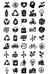 Fototapeta premium Eco-Friendly Living Icons. eco-friendly, sustainability, green, plant, recycle, globe, heart, mind, leaf, bottle, trash, bin, house, lightbulb, hands, water, flag, car, eco, solar panel, bio, bag, tre