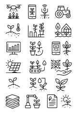 Fototapeta premium Smart Agriculture Icons. smart agriculture, farming, technology, drone, smartphone, sensor, tractor, plant, soil, temperature, chart, greenhouse, water, drop, computer, solar panel, automation, hand, 
